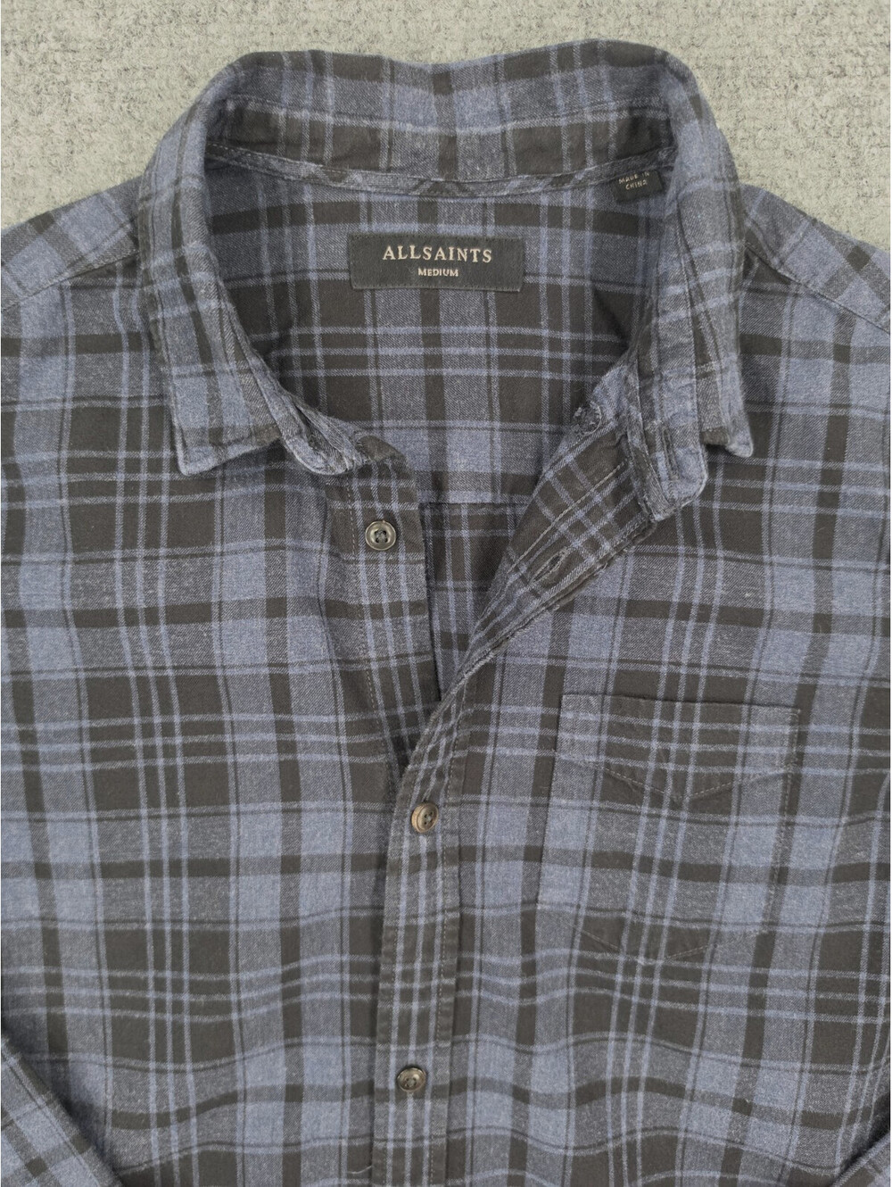 AllSaints Shirt Mens Medium Blue Black Plaid 100% Cotton Long Sleeve Rock Metal